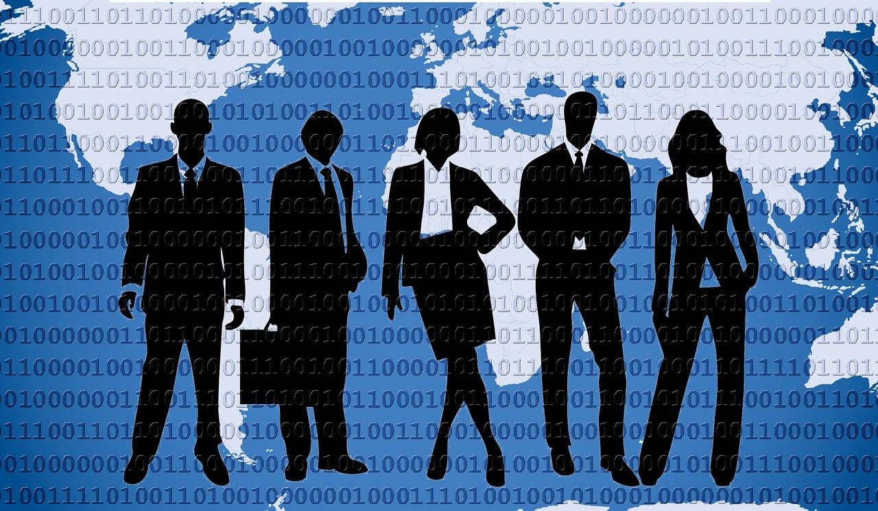 a group of business people standing in front of a world map, an illustration of, by Kurt Roesch, trending on pixabay, woman in business suit, programming, blue print, wearing a suit and a tie