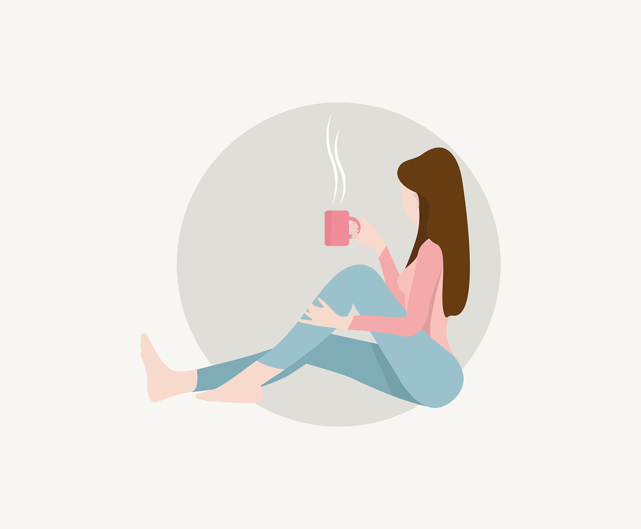 a woman sitting on the floor with a cup of coffee, an illustration of, figuration libre, single flat colour, in simple background, warm air, full color illustration
