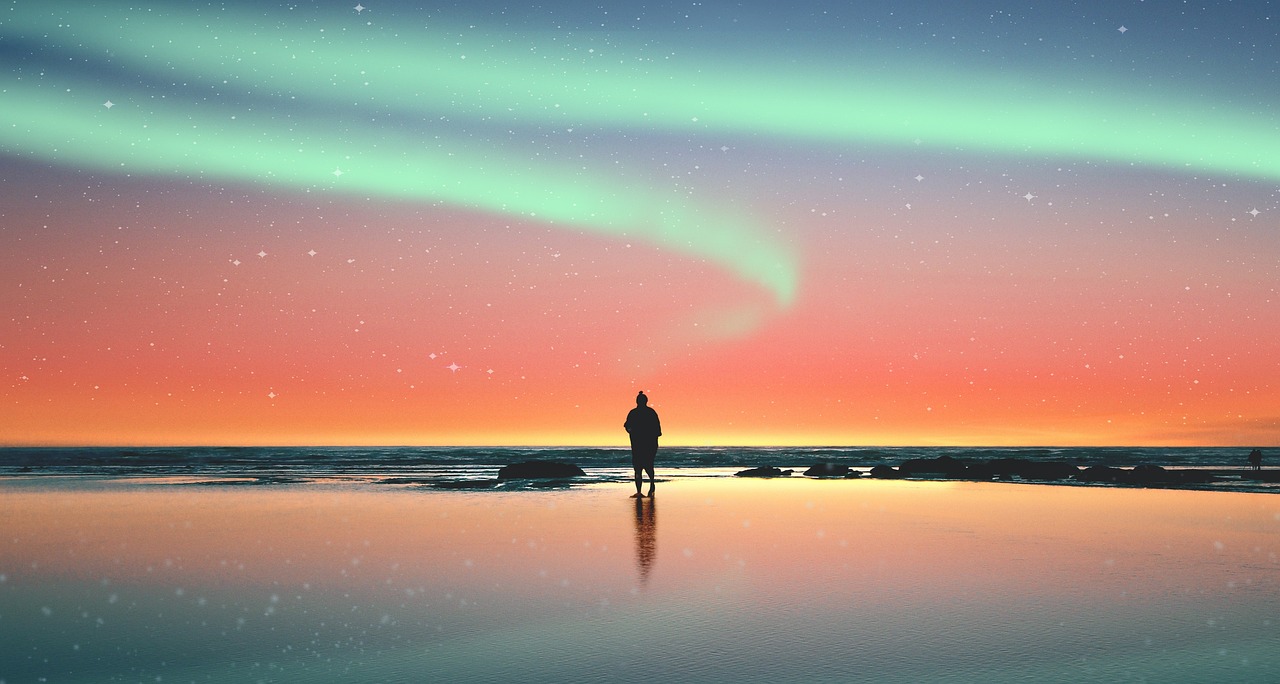 a person standing on a beach watching the aurora bore, magical realism, luminous sky heaven background, earth and pastel colors, luminist polar landscape, 4k vertical wallpaper