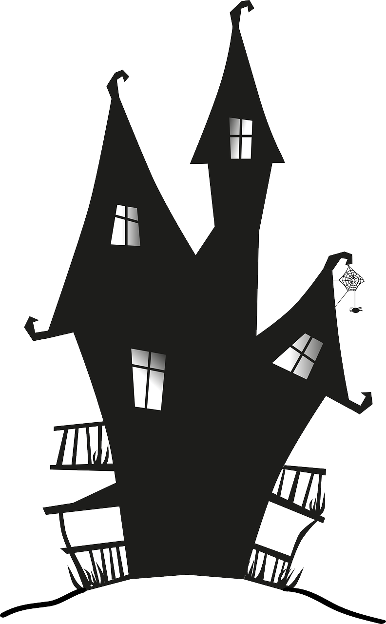 a black and white drawing of a house, a cartoon, by Pál Balkay, pixabay, conceptual art, beistle halloween decor, anthropomorphic silhouette, towering, full-body-shot