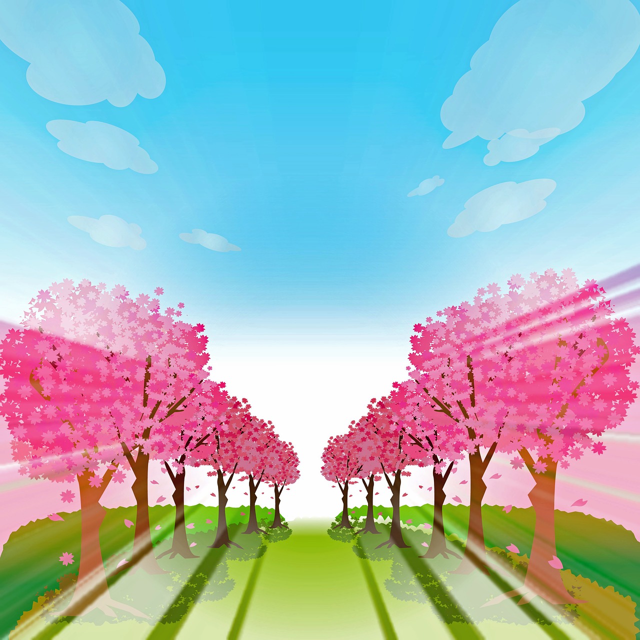 a couple of trees that are in the grass, an illustration of, by Manabu Mabe, conceptual art, sakura season dynamic lighting, sunny day with clear sky, pink color scheme, mall background