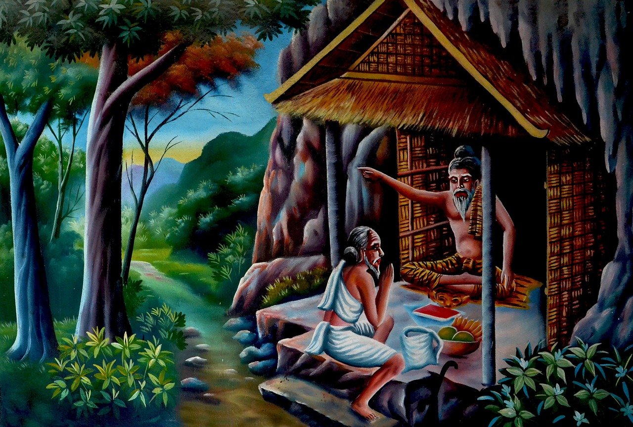 a painting of a man and a woman sitting in front of a hut, an oil on canvas painting, cg society contest winner, sumatraism, fred flintstone eating tamales, mythological painting, oil on canvas”, thai