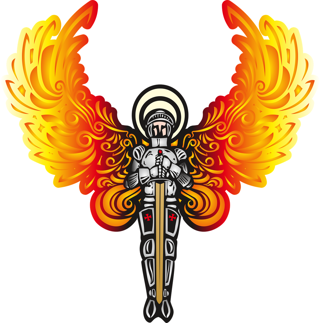 an image of an angel with wings, vector art, inspired by Master of the Legend of Saint Lucy, shutterstock, motorbikers race in hell, suit of armor, icon with a halo of fire, full color illustration