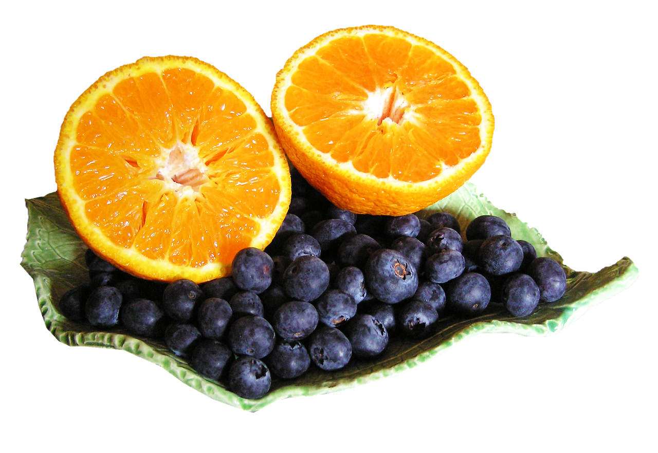 two halves of an orange and a bunch of blueberries, high quality product image”