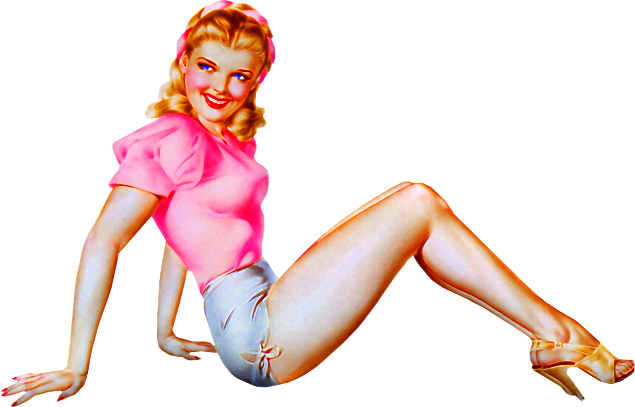 a painting of a woman sitting on the ground, a colorized photo, by Gil Elvgren, pop art, pink girl, pretty face with arms and legs, airbrush style, with a beautifull smile