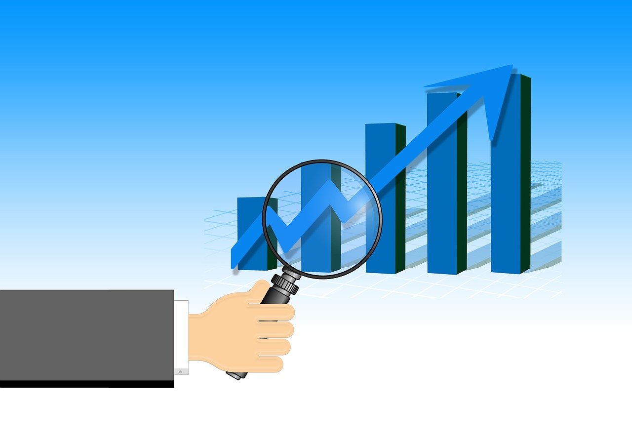 a hand holding a magnifying glass over a graph, an illustration of, sharp focus illustration, graphic illustration, computer generated, upward perspective