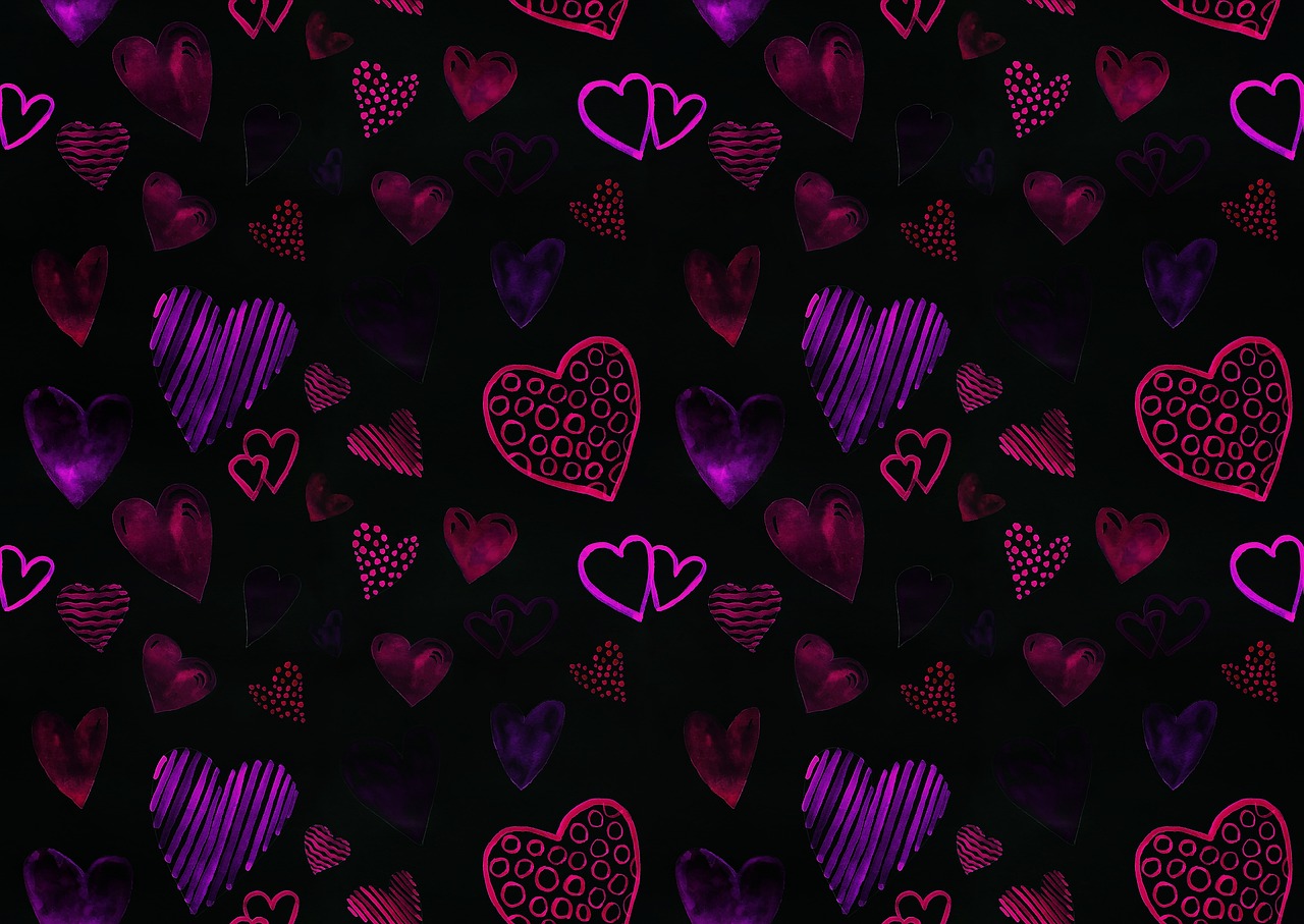 a bunch of pink and purple hearts on a black background, a picture, inspired by Peter Alexander Hay, background image, scribbled, various backgrounds, couple