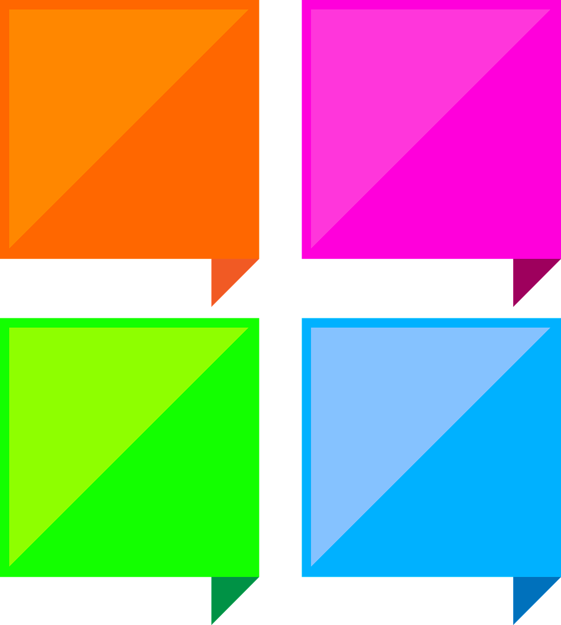 four different colored speech bubbles on a black background, a screenshot, inspired by Josef Albers, color field, thick squares and large arrows, clipart, dayglo, window