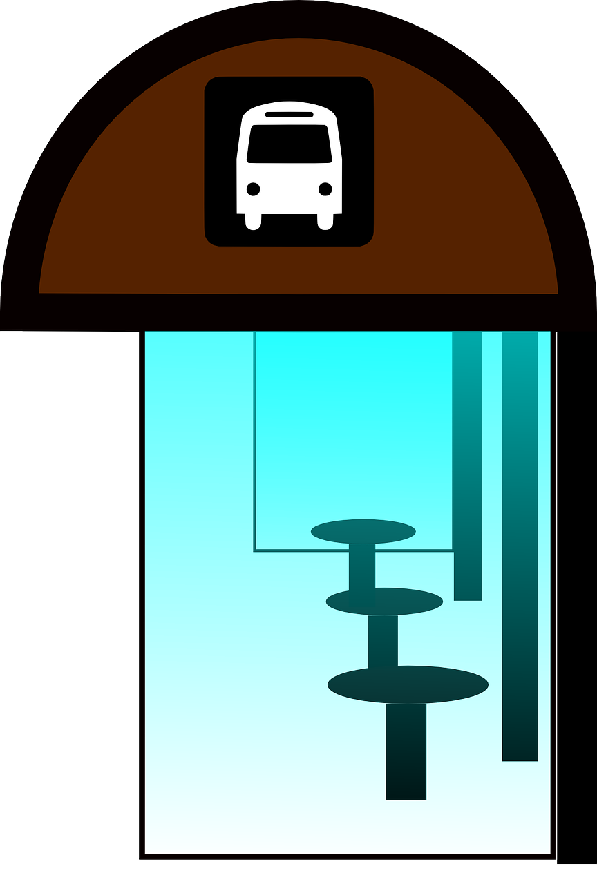 a picture of a bus at a bus stop, a digital rendering, pixabay, water temple, brown and cyan color scheme, 60's cartoon-glass-helmet, minimalist vector art