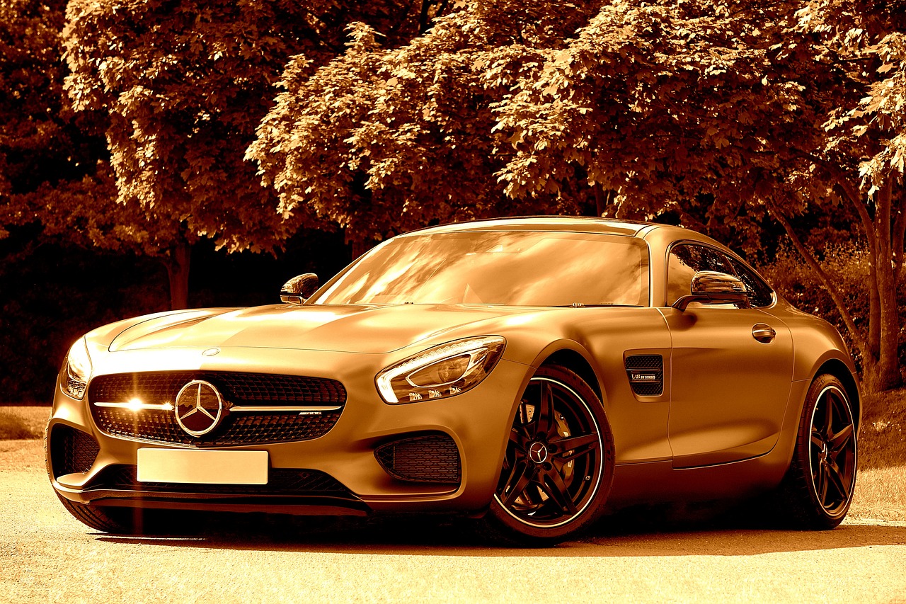 a mercedes sports car parked on the side of the road, by Thomas Häfner, trending on pixabay, surrealism, brown and gold, vibrant high contrast, high detail 4k, post processed denoised