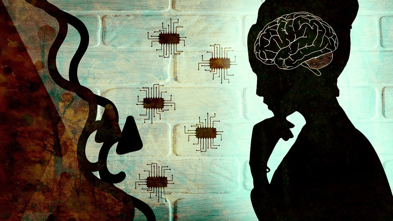 a silhouette of a man with a brain on his head, digital art, digital art, woman and robot, alan turing, neuromorphic chip, grainy