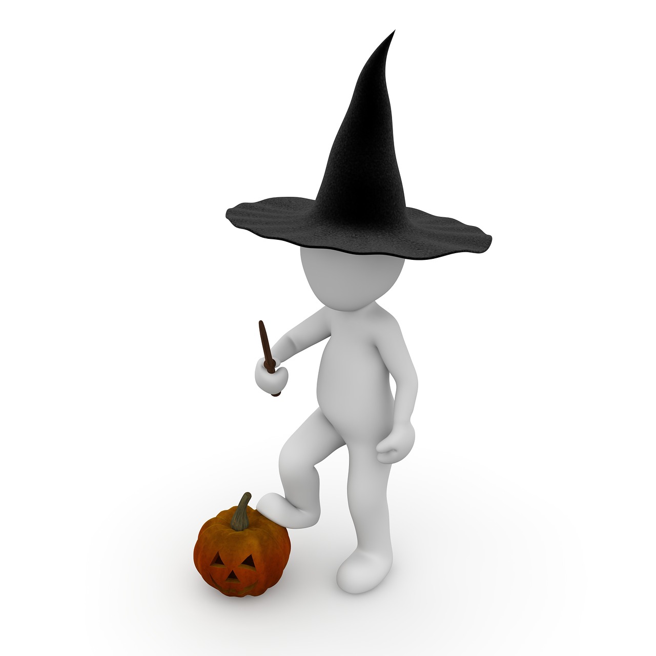 a person in a witch's hat standing next to a pumpkin, a picture, trending on pixabay, digital art, 3 d clay figure, white bg, high quality fantasy stock photo, stick figure