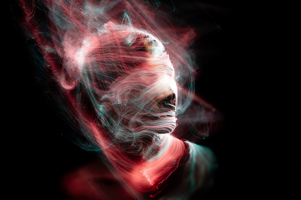 a man with smoke coming out of his face, by Anna Füssli, abstract illusionism, red wires wrap around, glowwave girl portrait, epic 3 d abstract model, whirling smoke radiant colors