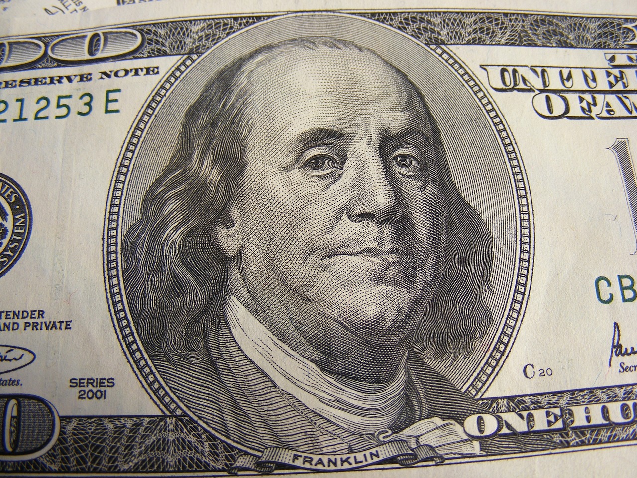 a close up of a one hundred dollar bill, inspired by Benjamin Franklin, ebay photo, modern high sharpness photo, high detail photo