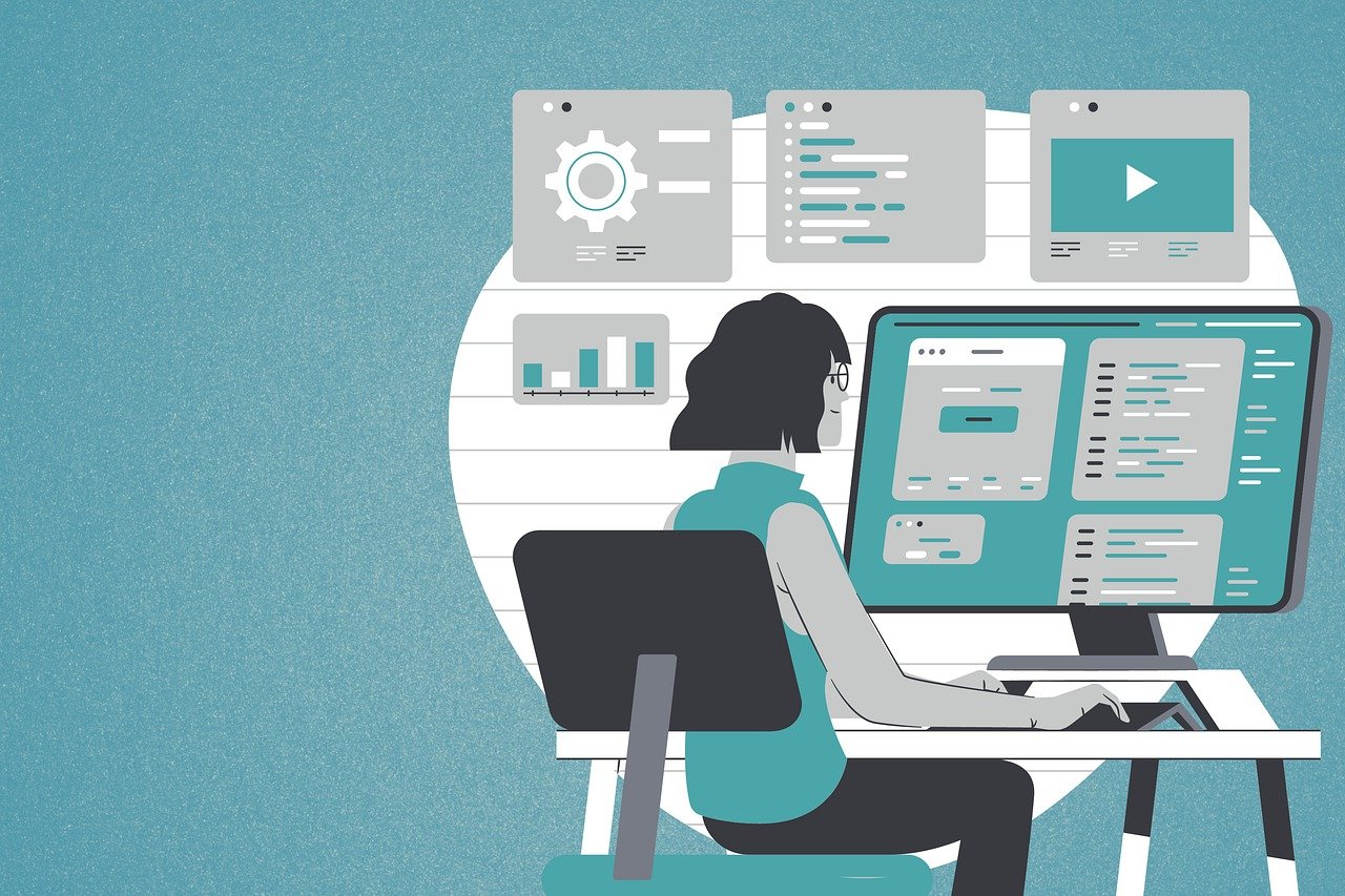 a woman sitting at a desk in front of a computer, a digital rendering, inspired by Emiliano Ponzi, shutterstock, background is data server room, user interface design, ( ( illustration, planning
