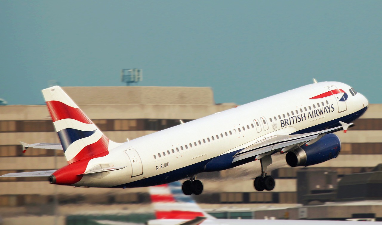 a british airways plane taking off from an airport, a picture, by Doug Ohlson, shutterstock, fine art, banner, oc, watch photo, ny