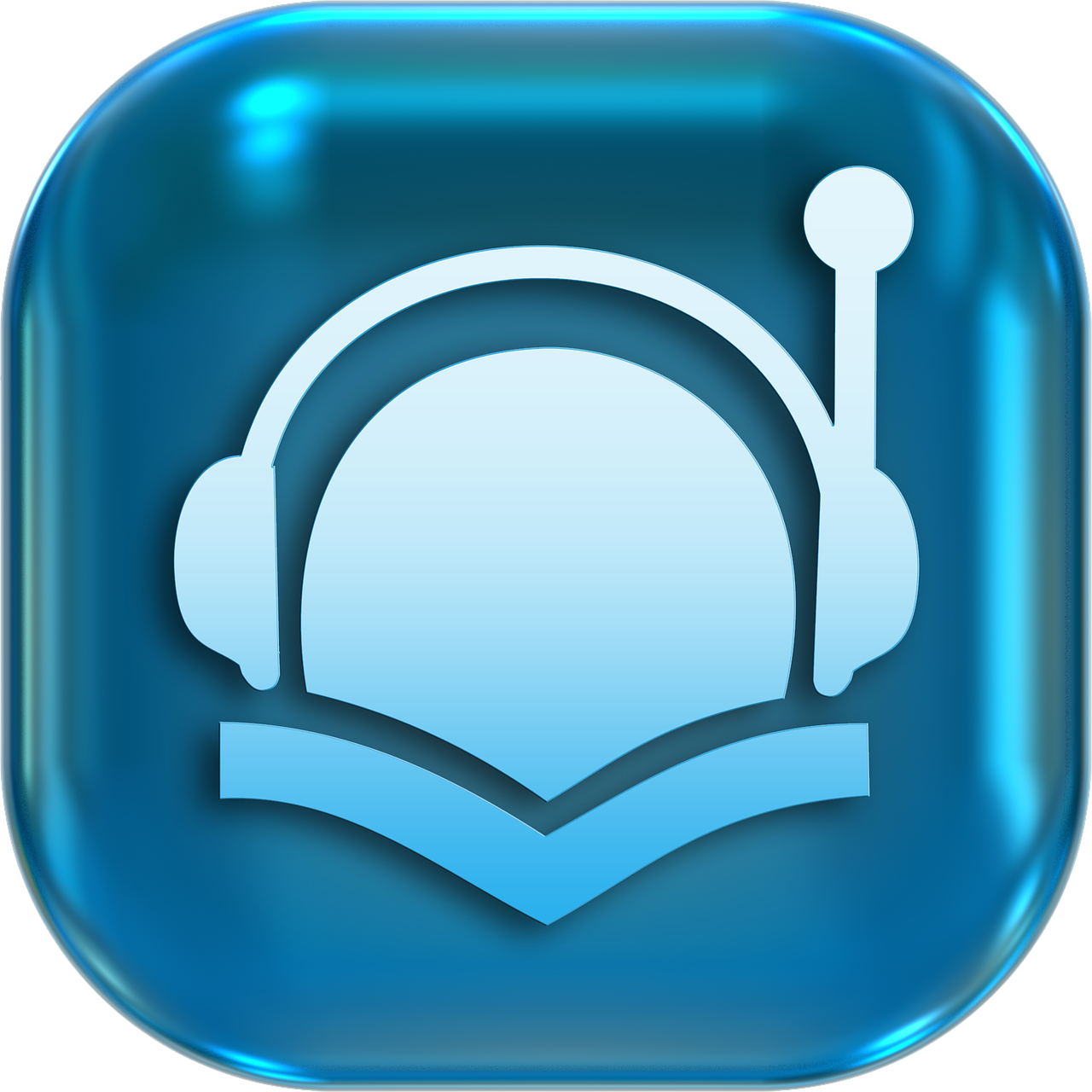 a blue button with a headphone icon on it, a digital rendering, process art, books, high res photo