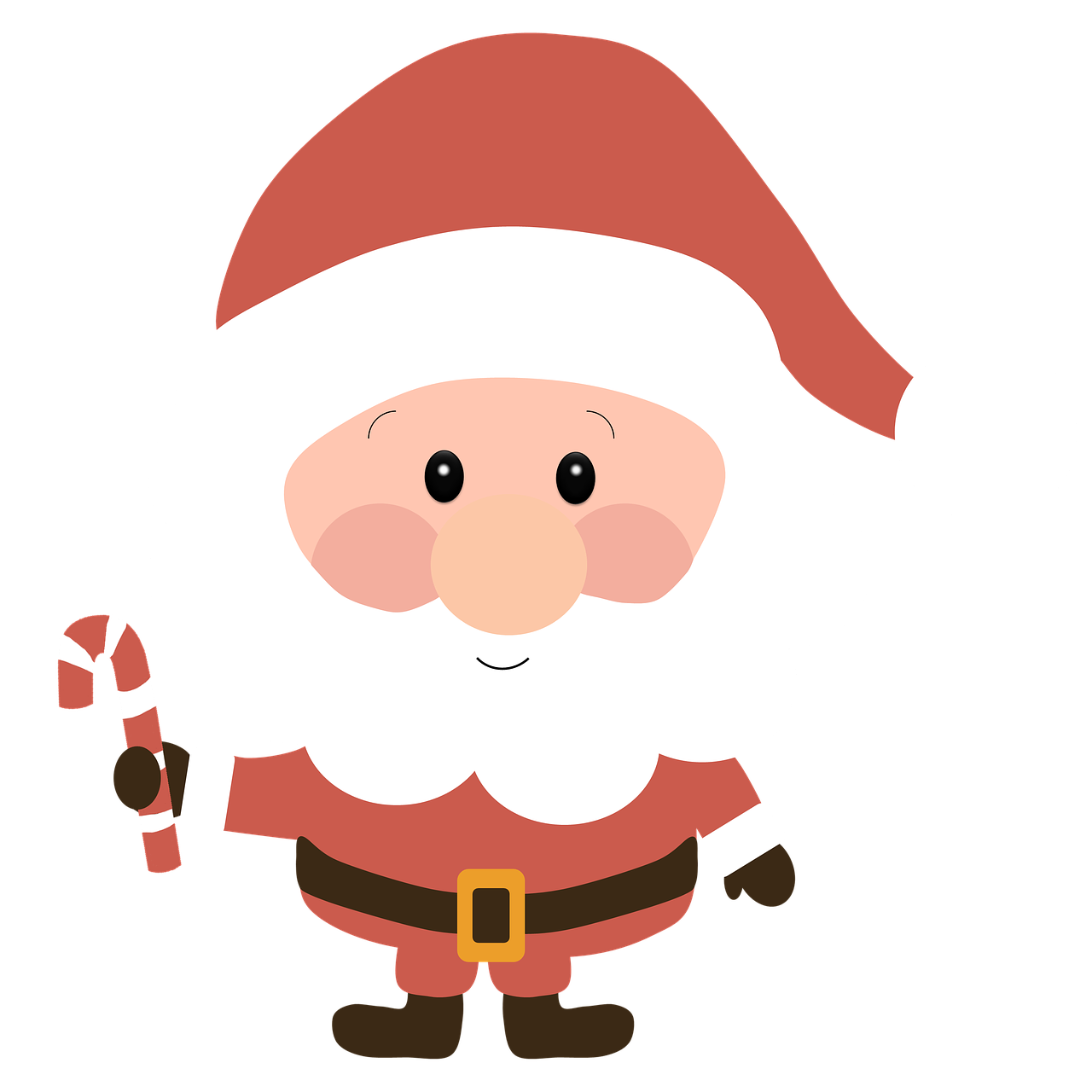 a cartoon santa claus holding a candy cane, a digital rendering, on a flat color black background, cute:2, cute smile, without text