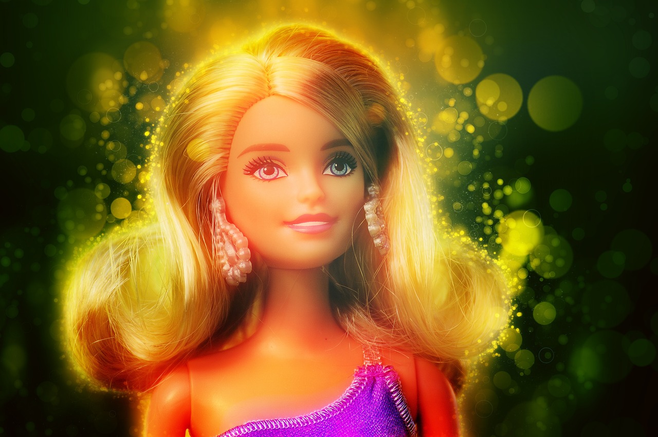 a close up of a barbie doll with blonde hair, digital art, glowing background lighting, dressed in a beautiful, hyper photo realistic, bubbly