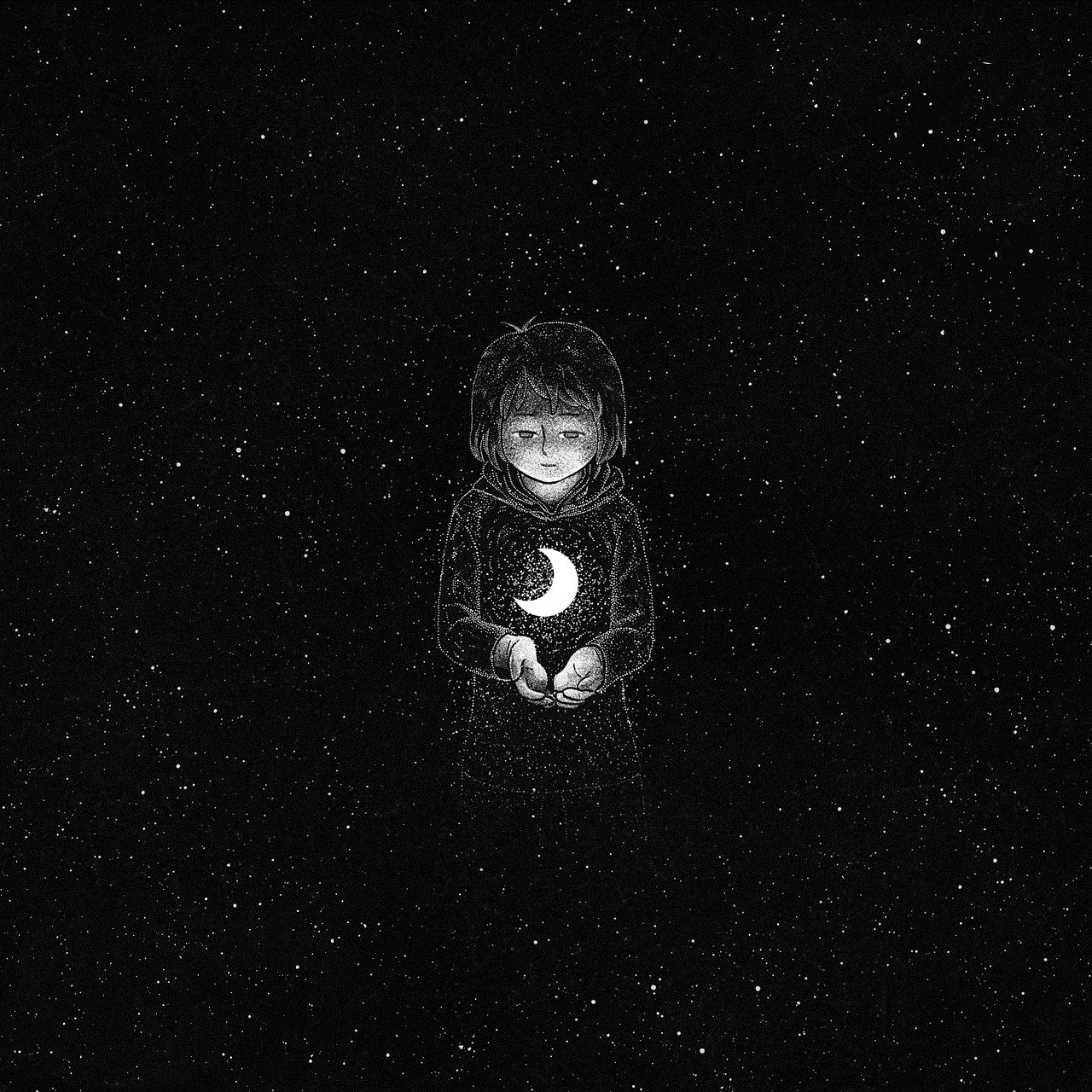 a black and white photo of a person holding a moon, an album cover, by Lucia Peka, tumblr, space art, little kid, amoled wallpaper, dim stars as eyes, yume nikki