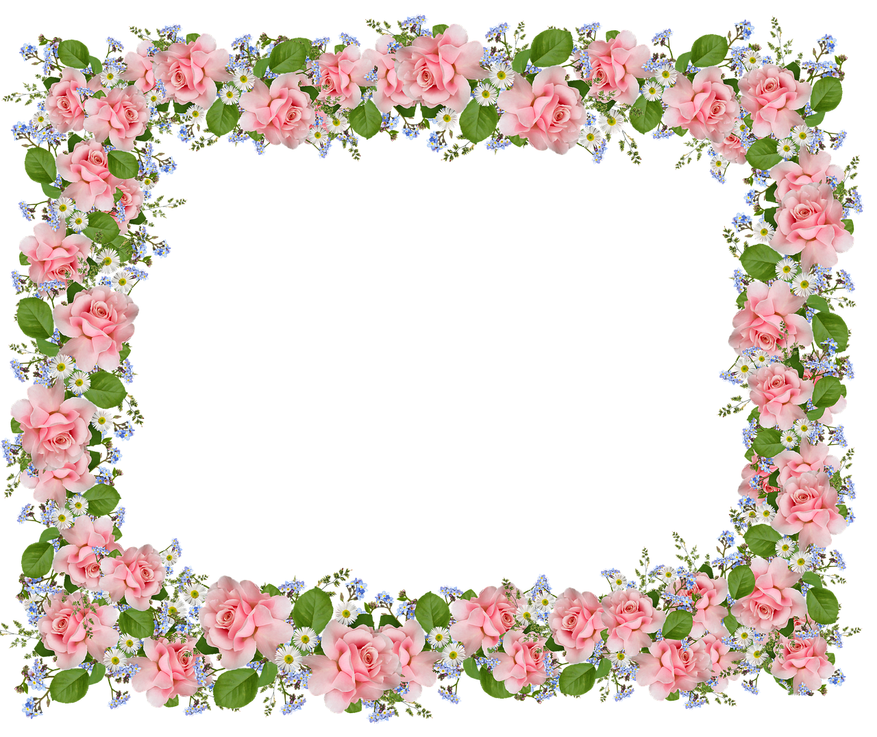 a floral frame with pink roses and blue flowers, a digital rendering, flickr, with a black background, high-definition picture, rectangular, beautiful flower