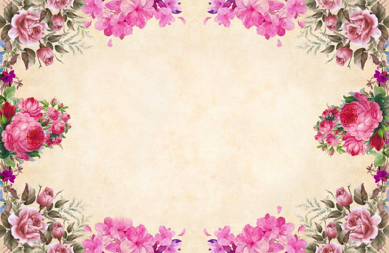 a floral frame with pink flowers and green leaves, inspired by Katsushika Ōi, unsplash, textured parchment background, vintage - w 1 0 2 4, beige background, bougainvillea