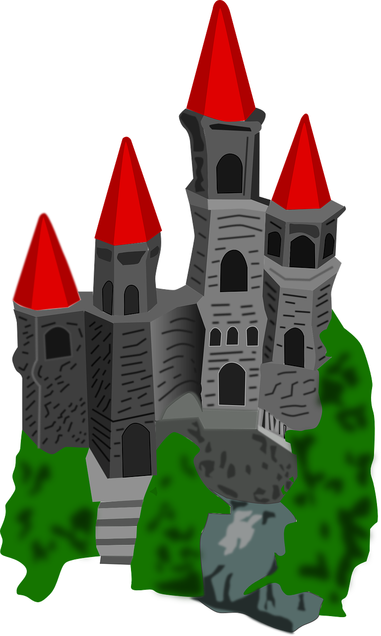 a castle sitting on top of a lush green field, a screenshot, pixabay contest winner, romanesque, it has a red and black paint, !!! very coherent!!! vector art, silver, scary