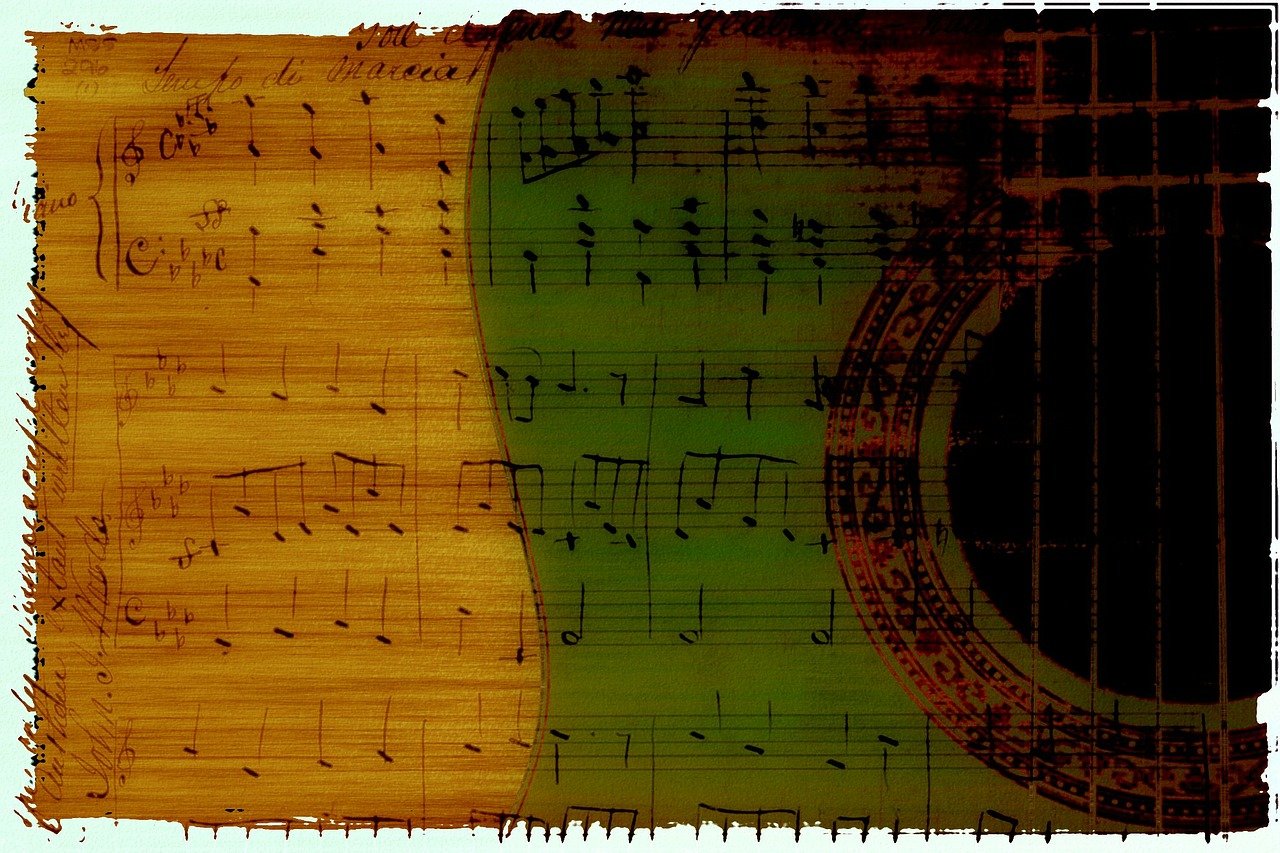 a guitar sitting on top of a sheet of music, a digital rendering, inspired by Girolamo Muziano, flickr, lyrical abstraction, green magenta and gold ”, panorama, stained”, grain”