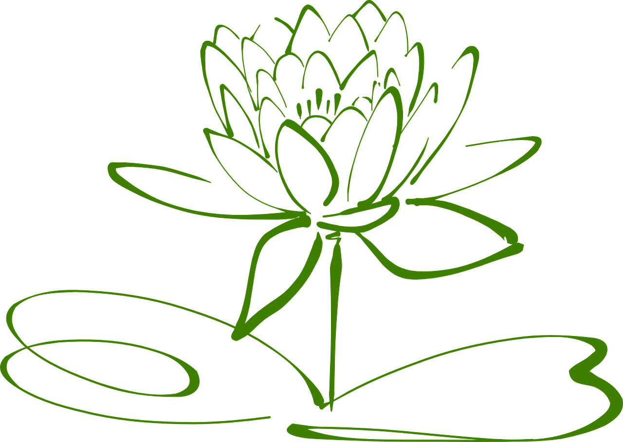 a drawing of a lotus flower on a black background, inspired by Masamitsu Ōta, deviantart, hurufiyya, green neon signs, wikimedia commons, waterlily pond, black outline