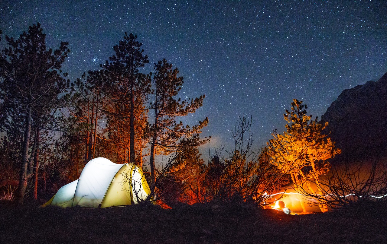 a couple of tents that are in the grass, by Adam Szentpétery, unsplash contest winner, light and space, a flaming forest of trees, timelapse, climbing, ✨🕌🌙