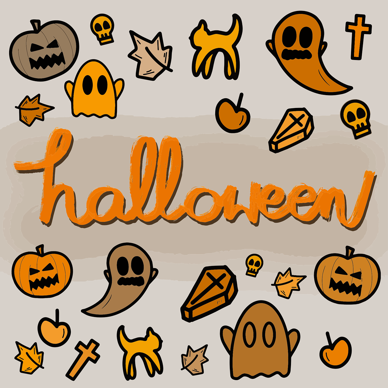 a sign that says halloween surrounded by halloween icons, a cartoon, high quality colored sketch, peach and goma style, sticker illustration, slick!!