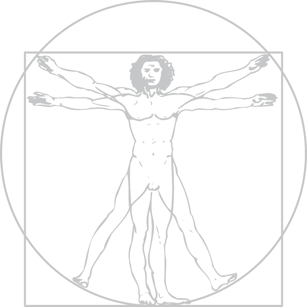 a drawing of a man on a black background, an album cover, by Leonardo da Vinci, reddit, the vitruvian man style, scp foundation, orthodox symbolism diesel punk, ( ( dithered ) )