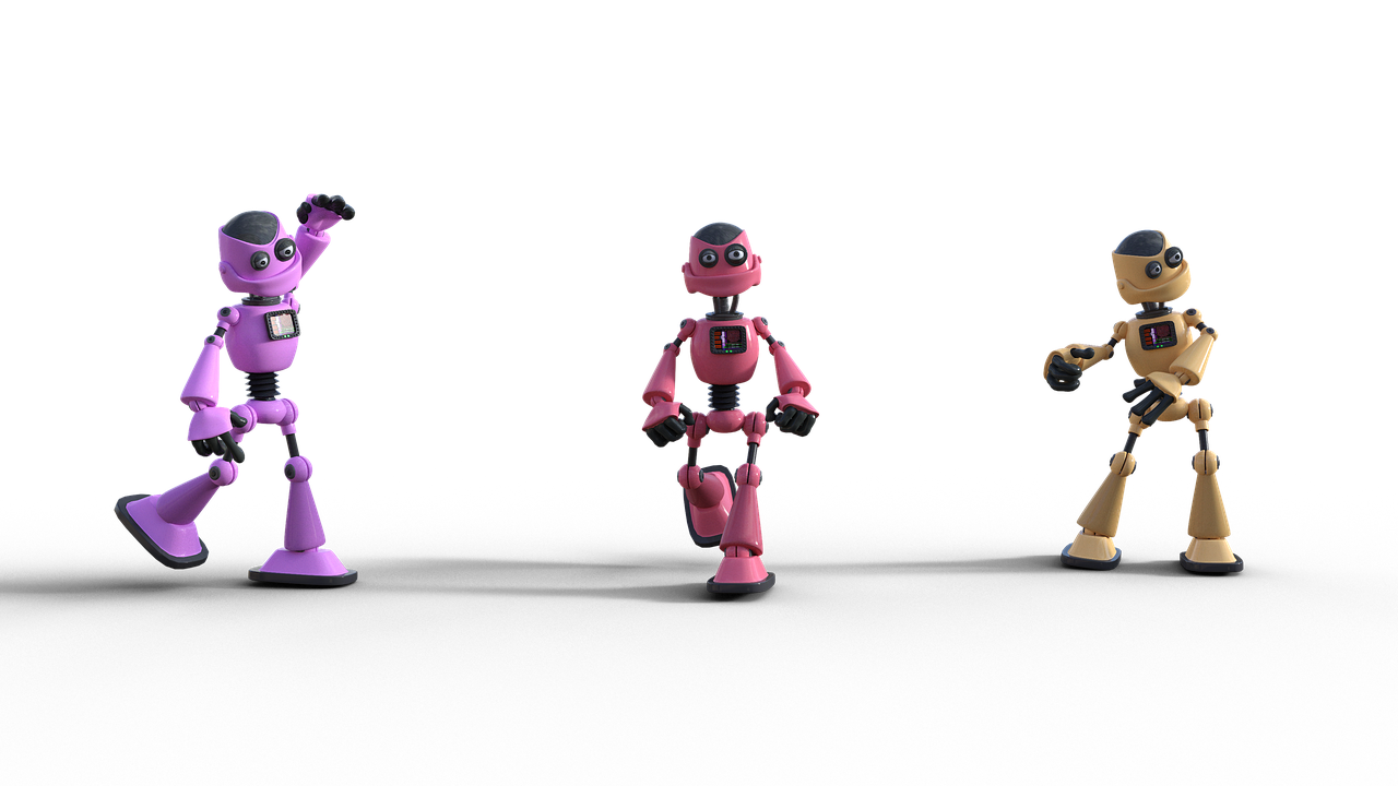 a group of toy robots standing next to each other, inspired by Theodore Major, trending on polycount, pink, various action poses, five nights at freddys, abstract claymation