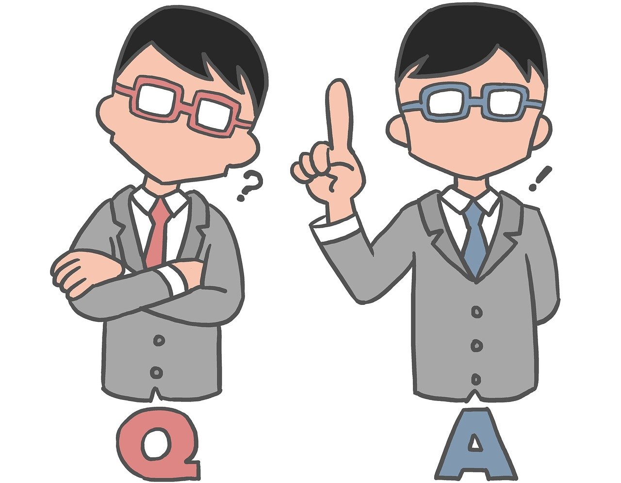 a man in a suit standing next to another man in a suit, a cartoon, by Oka Yasutomo, neo-dada, glasses without frames, question marks, pointing index finger, encyclopedia illustration