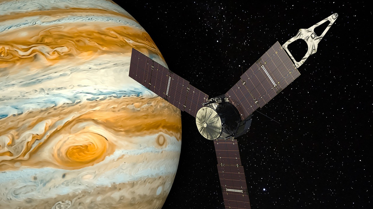 a close up of a satellite with a planet in the background, an illustration of, by John Murdoch, juno promotional image, jupiter, the last photo ever taken, wide establishing shot