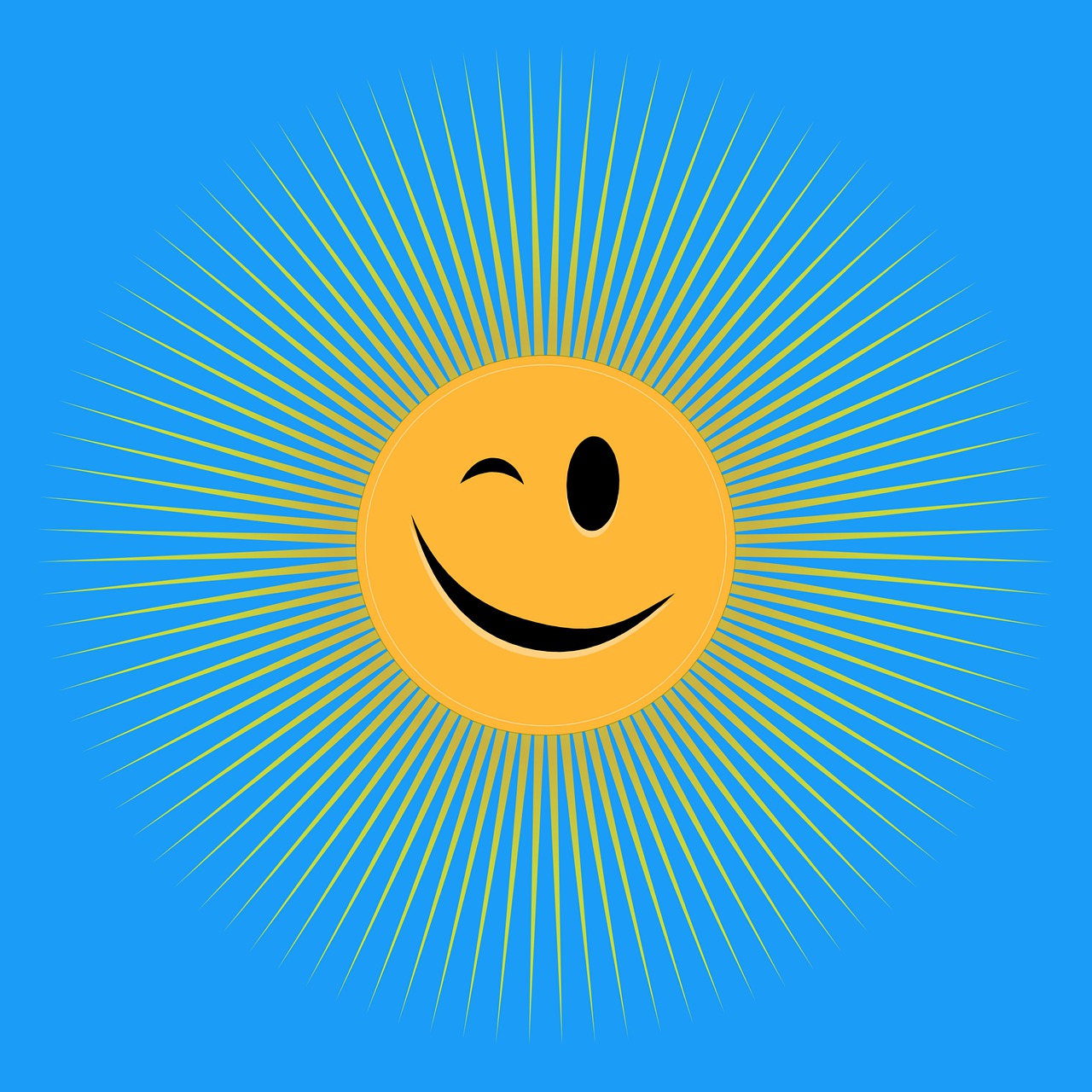 a yellow smiley face on a blue background, an illustration of, inspired by Sun Long, rayonism, sunbathing. illustration