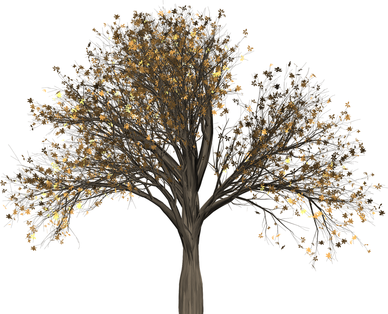 a tree with a bird sitting on top of it, a raytraced image, inspired by Edgar Schofield Baum, polycount, gold flaked flowers, on a black background, linden trees, autumn leaves falling