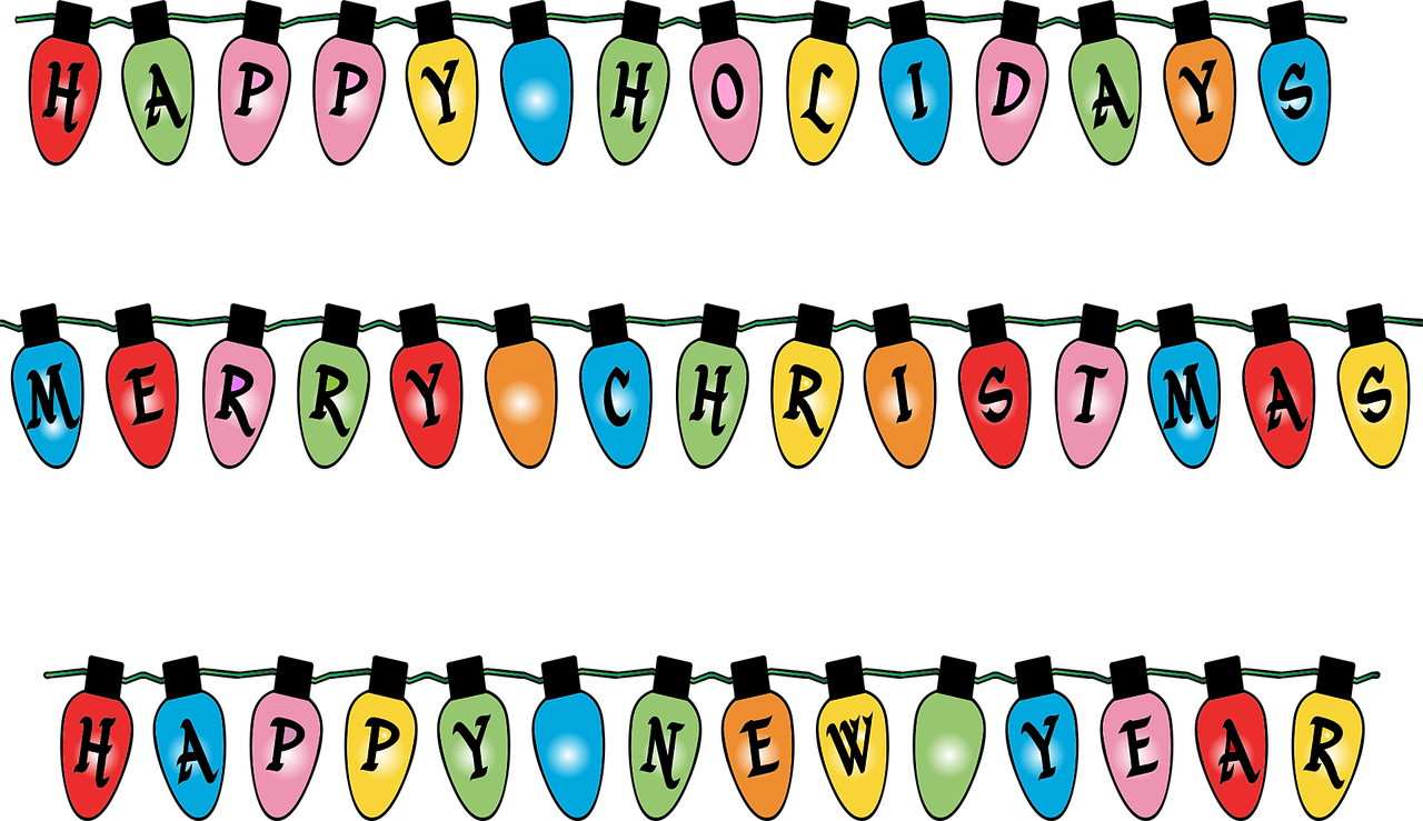 a row of christmas lights with the words happy holidays written on them, by Sylvia Sleigh, pixabay, on a flat color black background, colored illustration, istock, cheesy