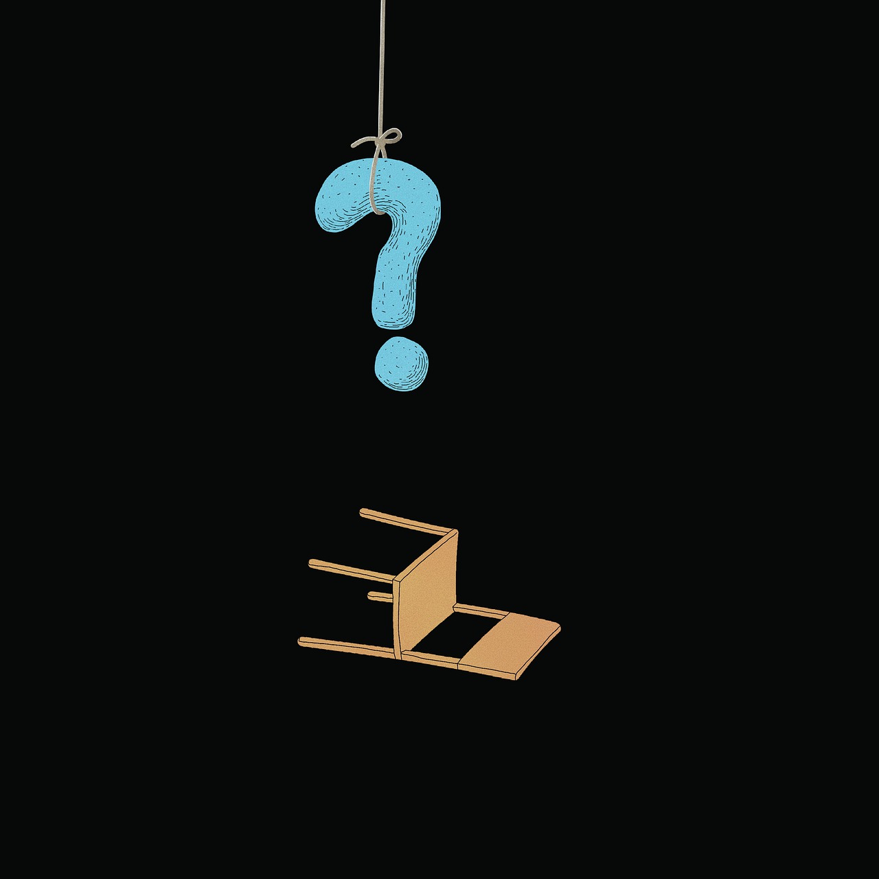 a blue question mark hanging from a hook, an illustration of, by Richard Carline, behance contest winner, conceptual art, with furniture overturned, on a flat color black background, with a wooden stuff, cad