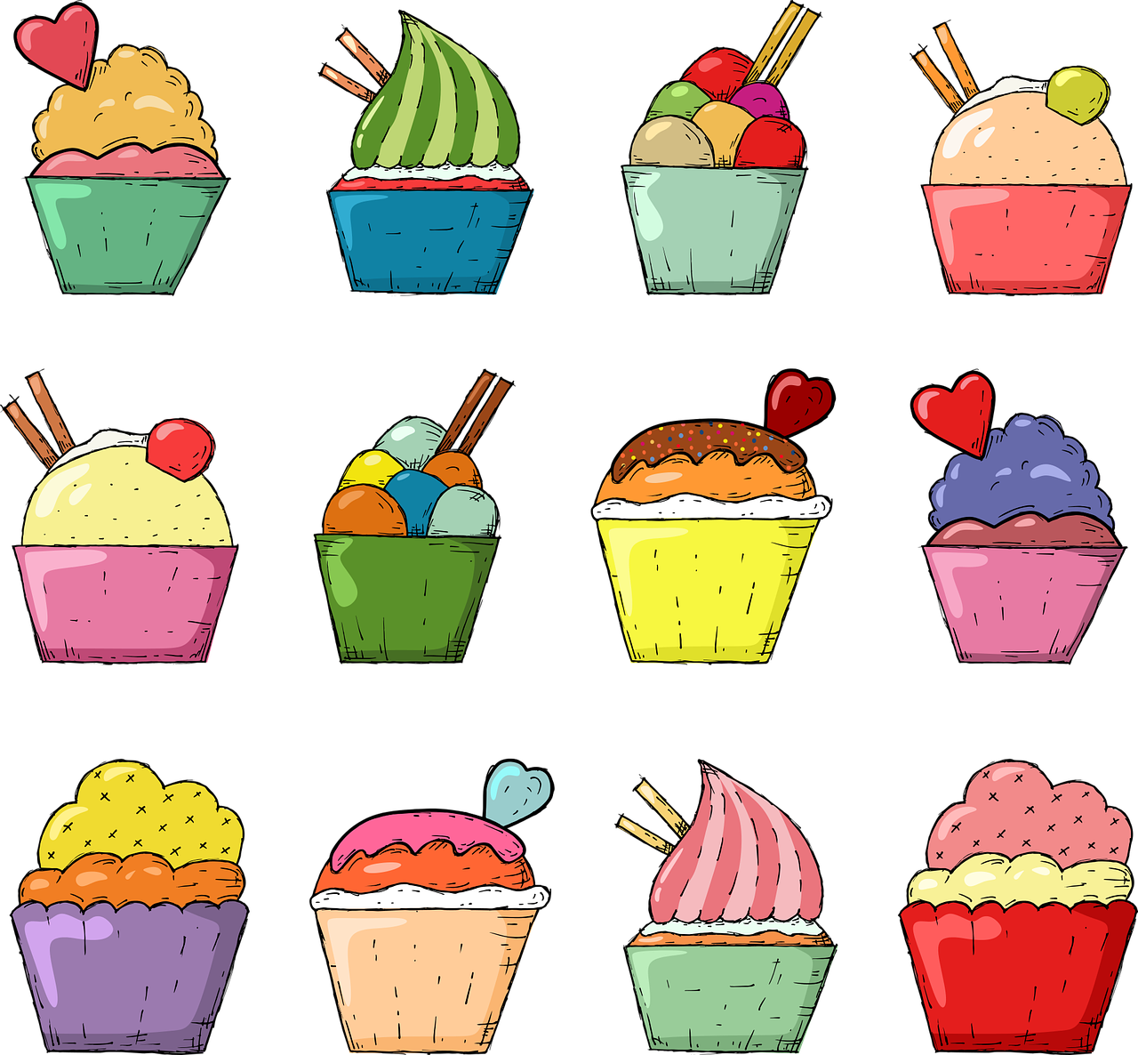 a bunch of cupcakes with different toppings, inspired by Wayne Thiebaud, shutterstock, pop art, black color, ice cream, japanese cartoon style, bowl