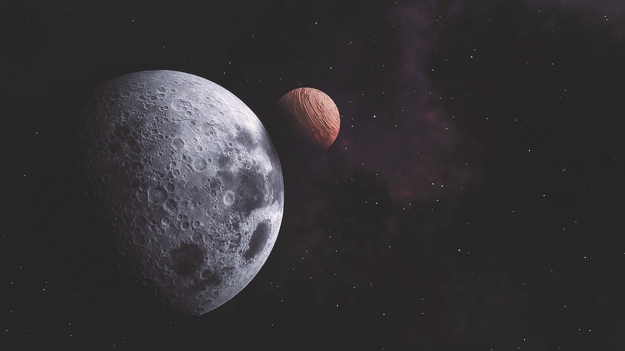 a close up of a moon with a planet in the background, a digital rendering, pexels, space art, charon, photo from a spectator, red shift, twice
