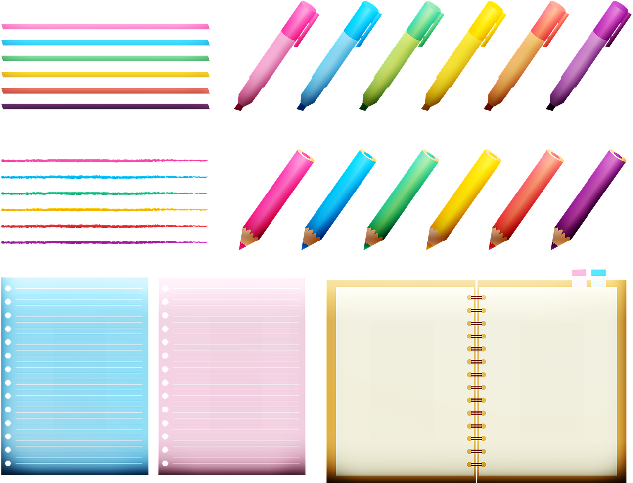 a bunch of different colored pencils next to a notebook, a digital rendering, process art, on a flat color black background, detailed vectorart, transluscent neon, items
