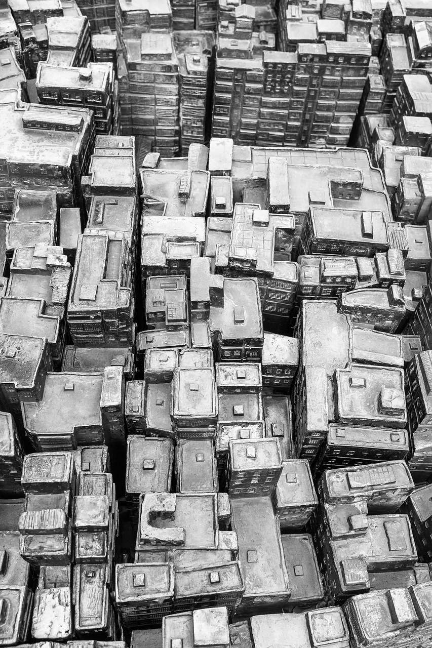 a bunch of boxes stacked on top of each other, by Wang Yi, flickr, brutalism, camera looking down upon, old dhaka, 4k greyscale hd photography, treasure chests