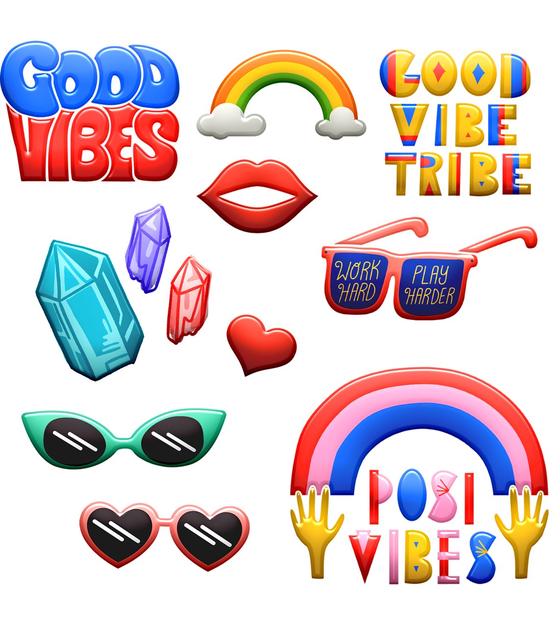 a bunch of stickers that say good vibes, concept art, by Robbie Trevino, 3 d icon for mobile game, roygbiv, bohemian digitals, glossy digital painting