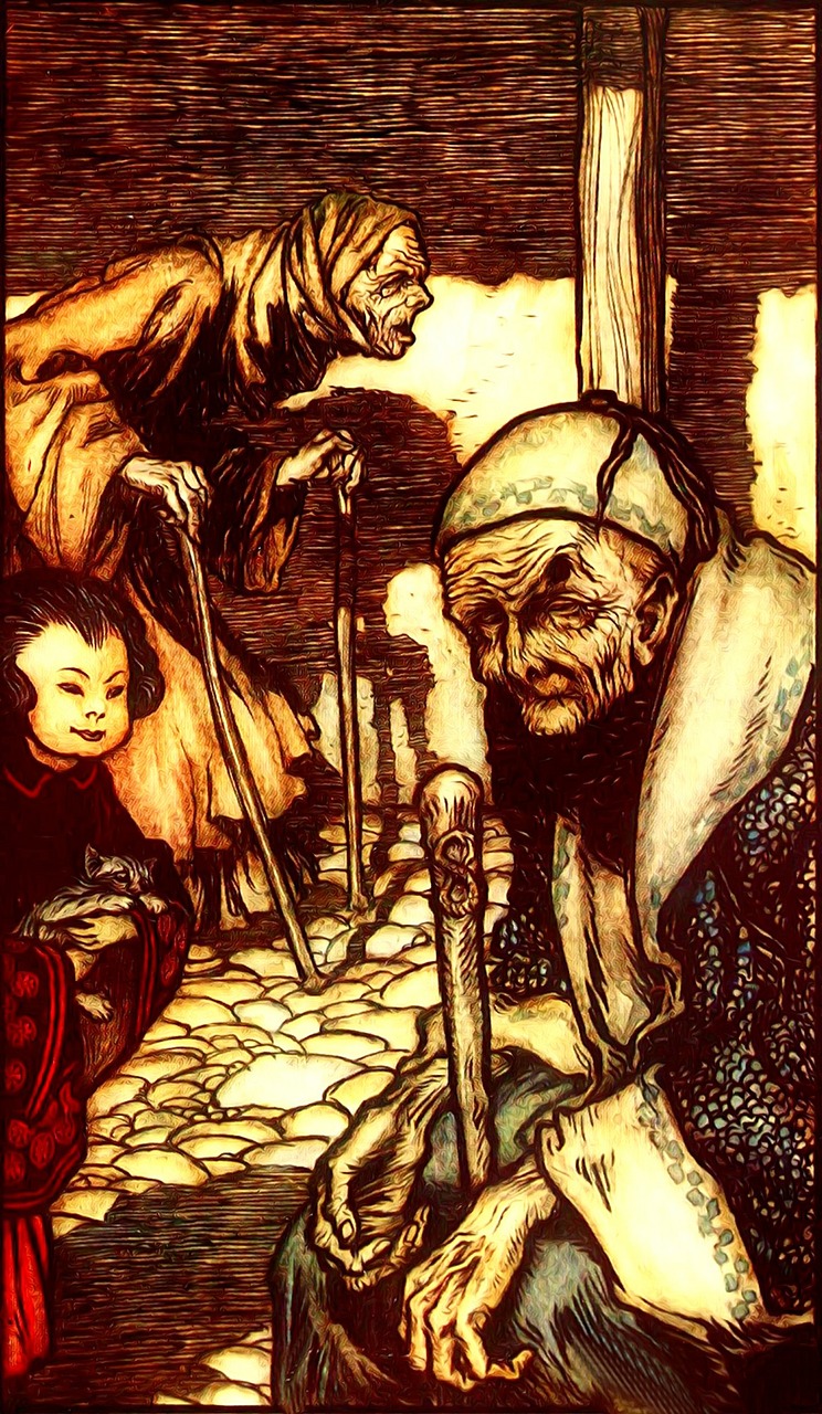 a painting of a man kneeling down next to a woman, a woodcut, by Arthur Rackham, mingei, three dwarf brothers, an old lady, closeup shot, stained glass art