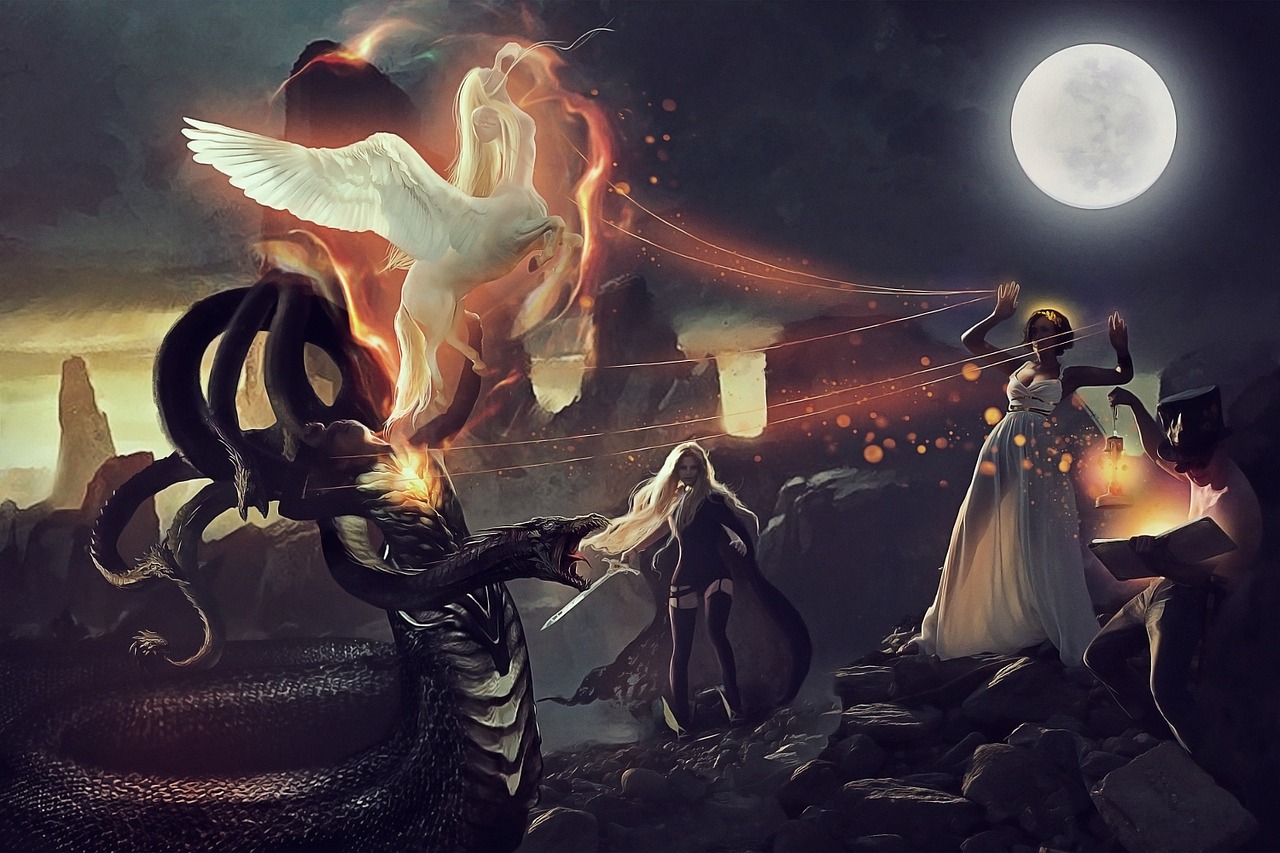 a group of people standing in front of a full moon, digital art, inspired by Aleksi Briclot, fantasy art, jesus riding a dragon, dramatic duel of the fates, queen of snakes, angel protecting woman