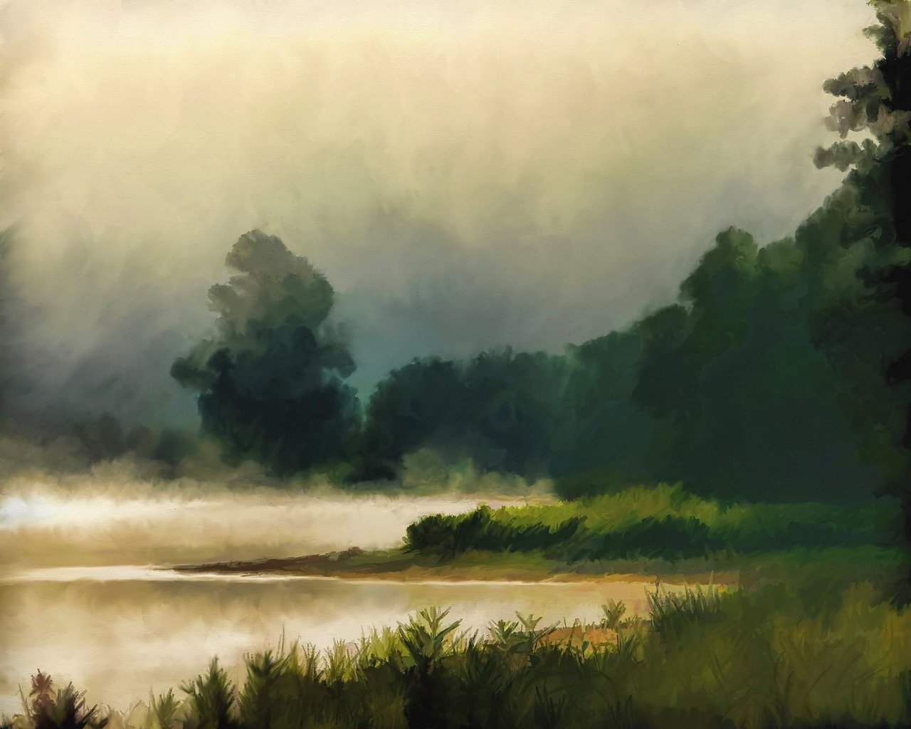 a painting of a lake surrounded by trees, a digital painting, inspired by Thomas Moran, deviantart contest winner, tonalism, sand mists, savana background, wide establishing shot, the morning river