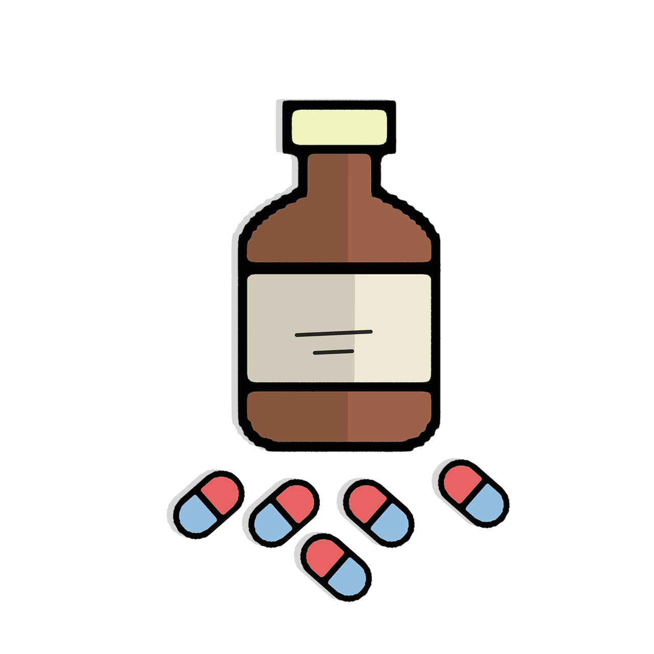 a bottle of medicine with pills spilling out of it, a digital rendering, unsplash, antipodeans, on a flat color black background, simple cartoon style, trending on pixart, pictogram