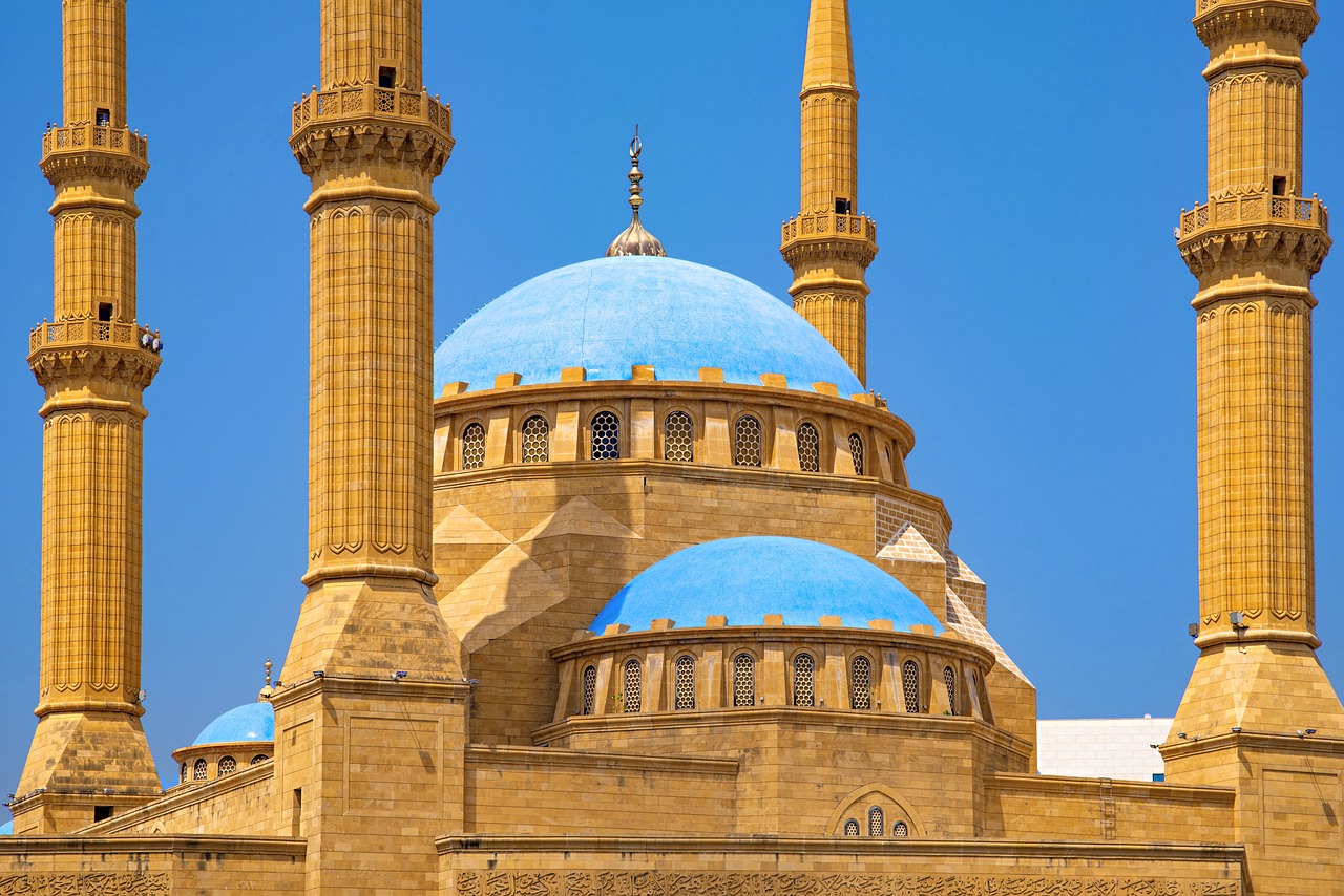 a large building with a blue dome on top of it, shutterstock, dau-al-set, lead - covered spire, circular towers, lebanon kirsten dunst, islamic interior design