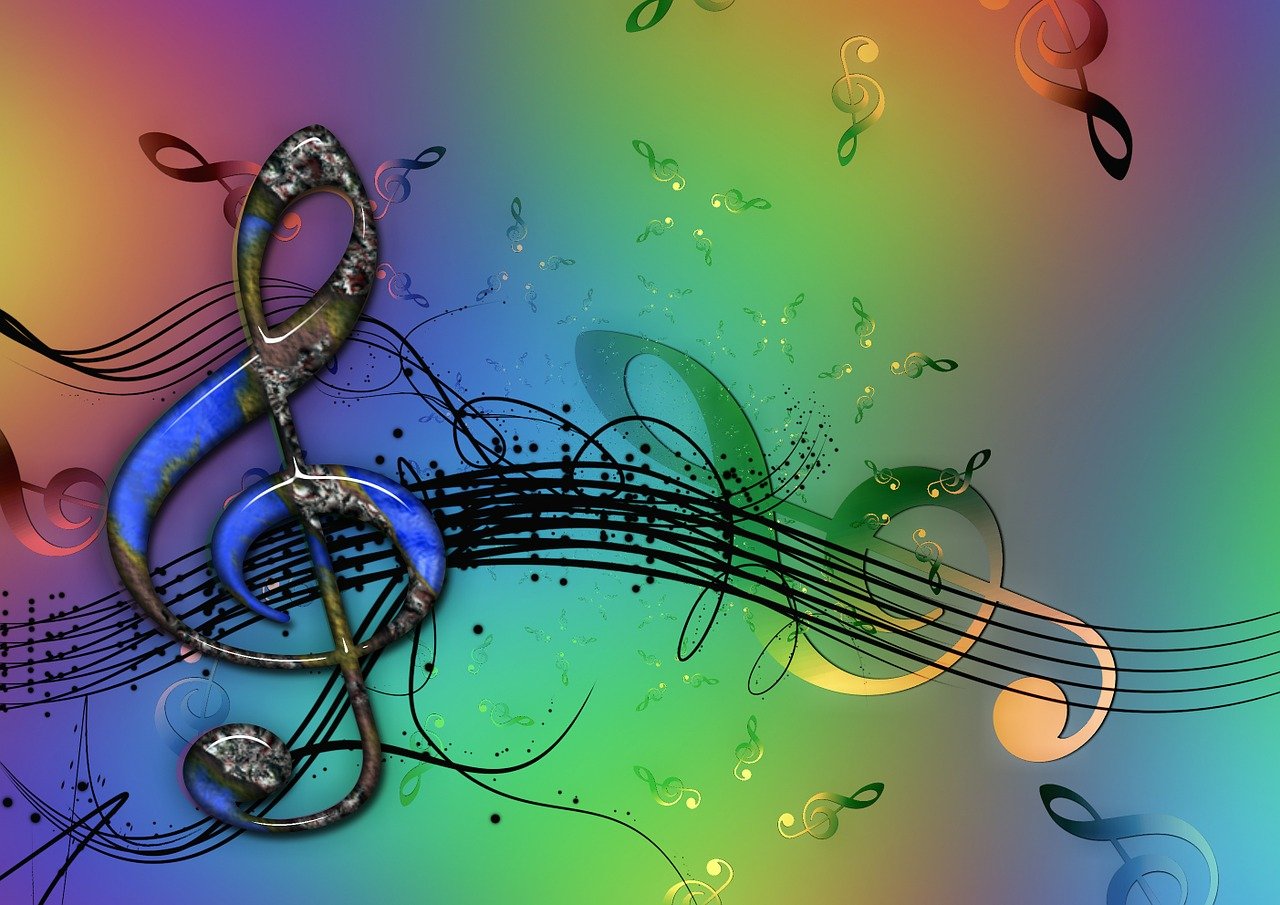 a close up of a musical note on a colorful background, a digital rendering, computer art, intricate wiccan spectrum, with notes, badass composition, savannah